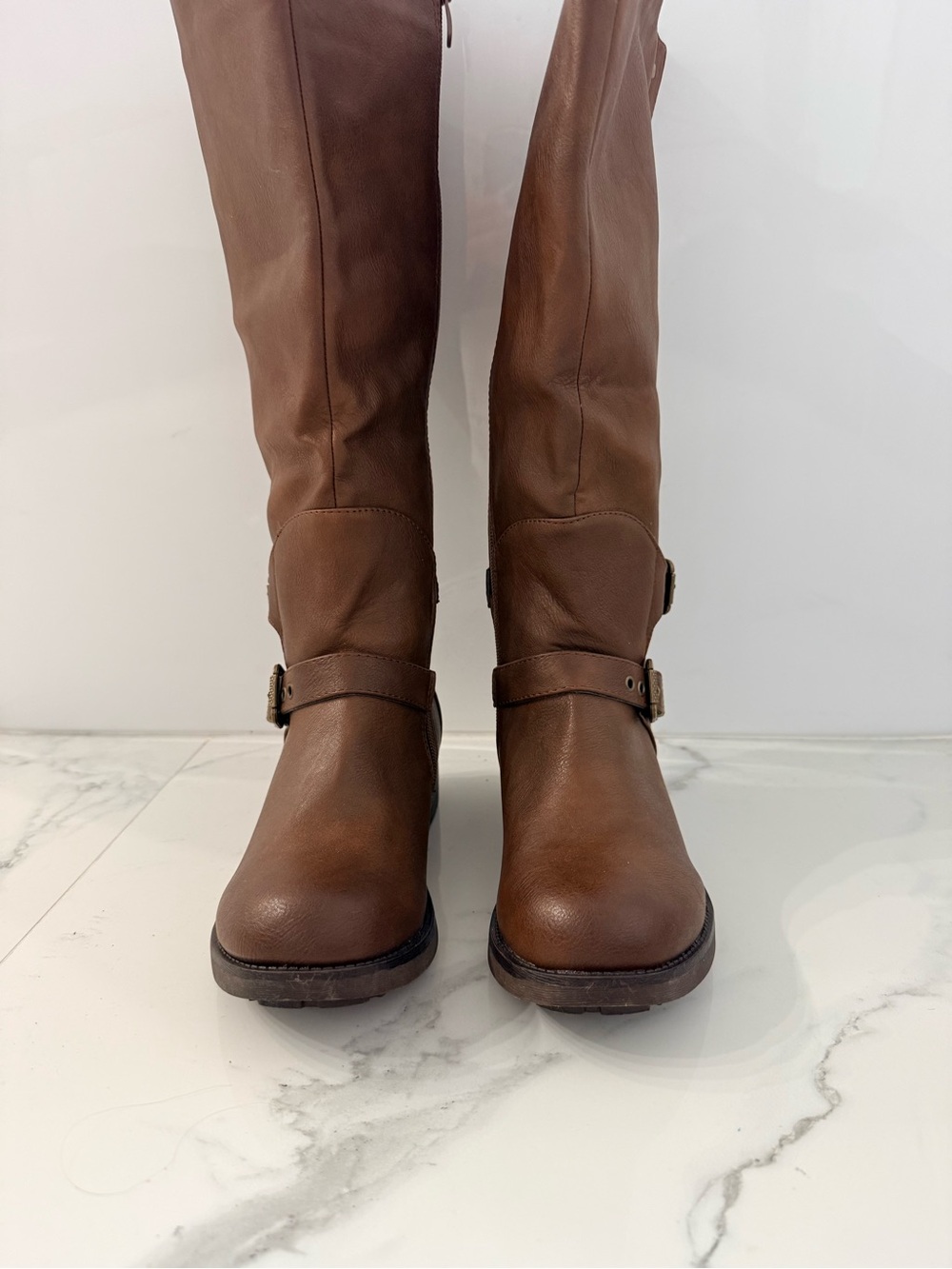 Cognac Brown Tall Knee High Riding Boots Size 7 Elastic Wide Calf Stretch